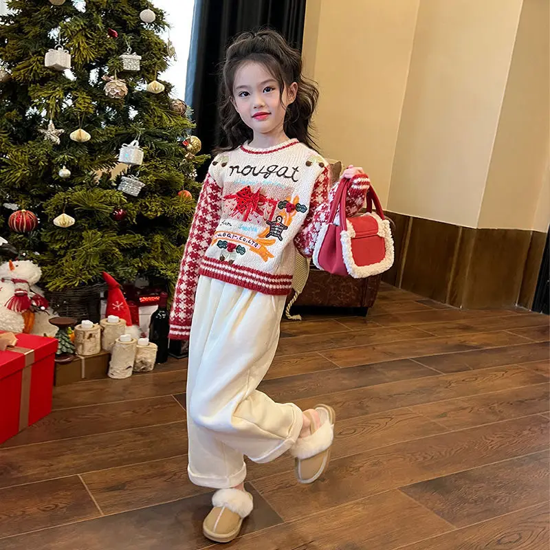 2026 Children's Clothing Girls' Houndstooth Jacquard Embroidered Christmas Sweater Autumn and Winter Kidsren's Baby Knitwear