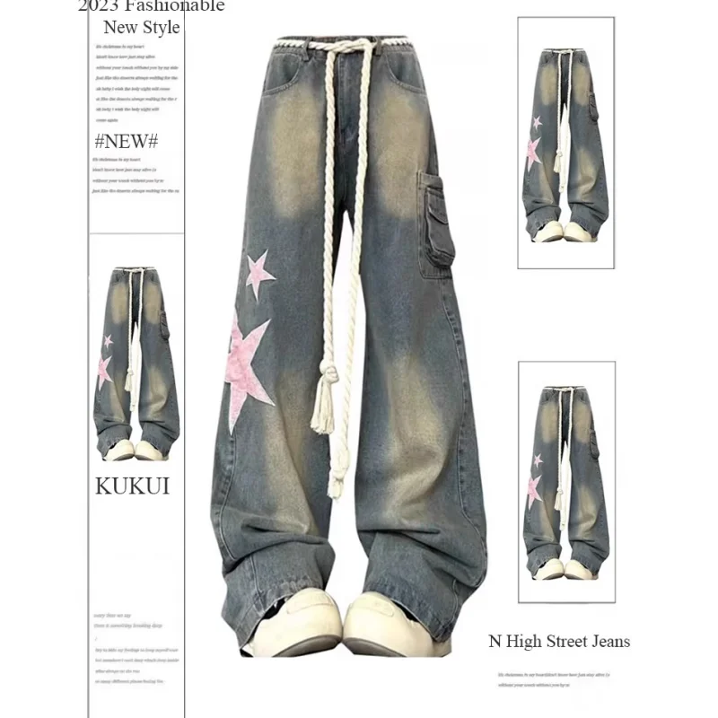

Blue Jeans High Street Casual Streetwear Europe and America Printing Wide Leg Pants For Women Y2k Hip-hop Baggy Cargo Trousers