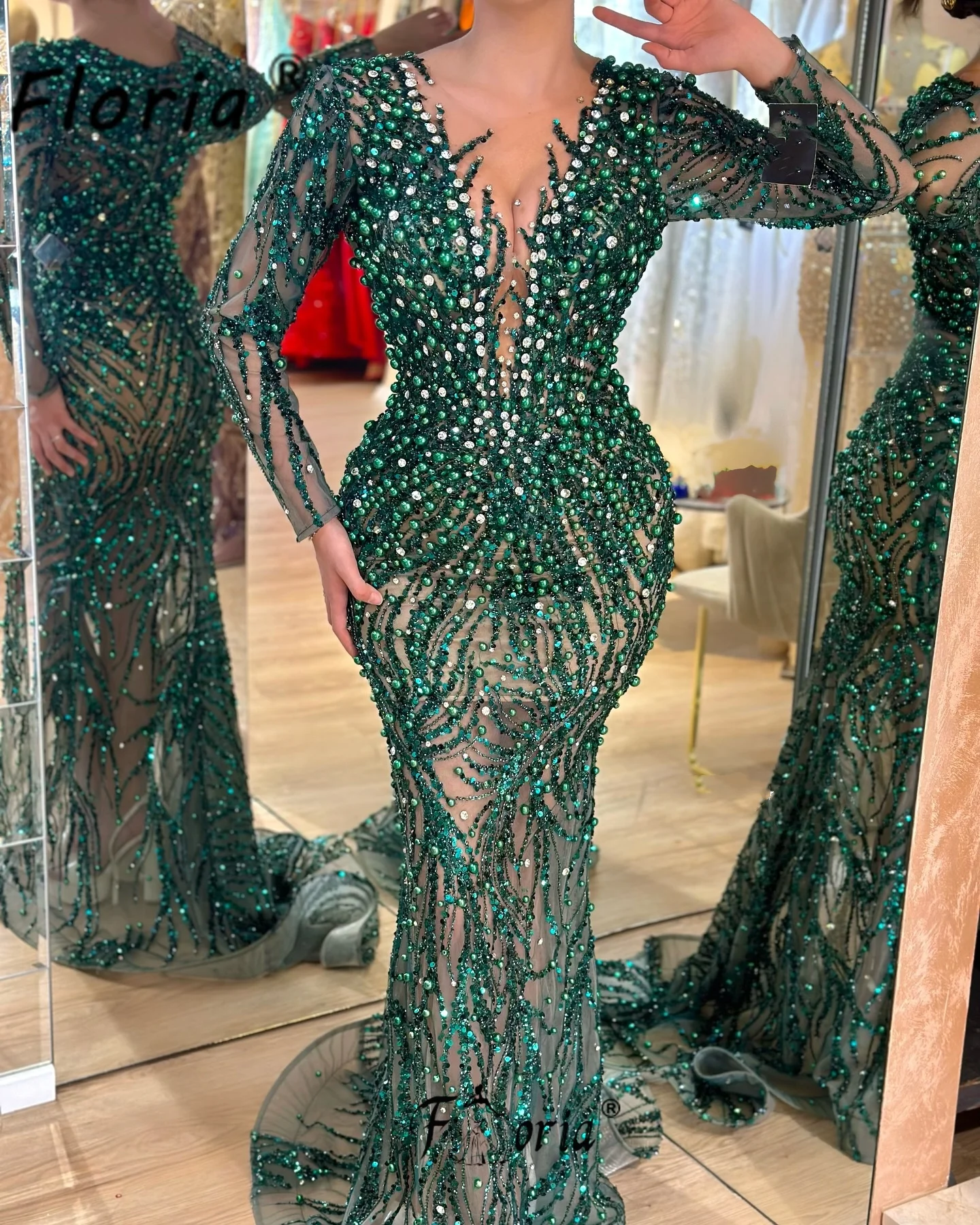 Green Heavy Beads Mermaid Prom Dress Full Pearls Crystal V Neck Wedding Engagement Gowns Long vestidos de fiesta elegantes 2024