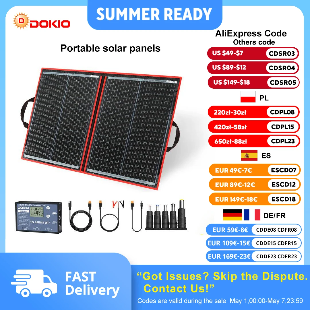 Dokio-Panneau solaire portable et pliable, 18V, 100/160/200/300 W, avec contrôleur 12V pour charger la batterie, adapté au camping