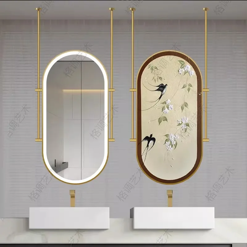 ‌Hanging Smart Bathroom Mirror with Rotating LED Light, Oval Ceiling-Mounted Vanity Mirror Bathroom Makeup Factory customizatio