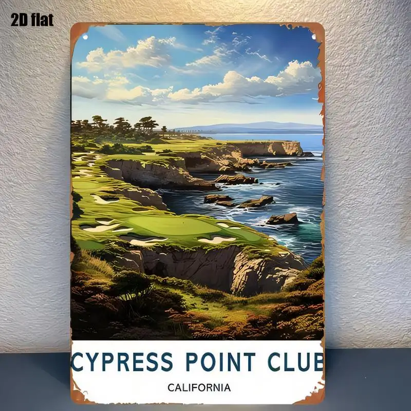 2D Flat Cypress Point Club California Vintage Metal Tin Sign - Retro Coastal Golf Wall Art, Iron, for Home/Bars/Cafes & Golf Lov