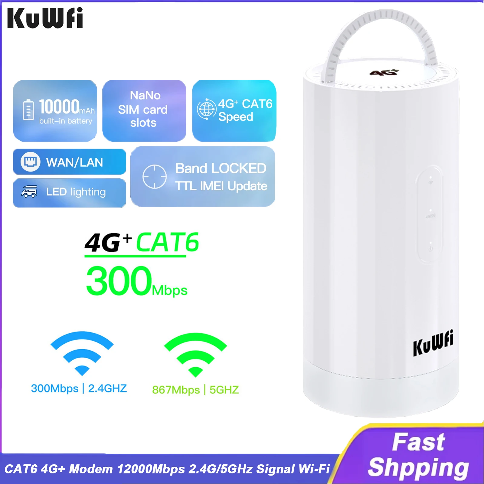 

KuWFi CAT6 4G Router 1200Mbps 2.4GHz/5GHz Single Band WiFi 10000mAh Battery LED Lighting Portable LTE Modem Ethernet TS9 Port