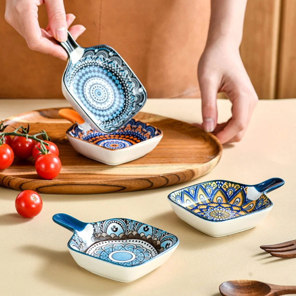 

Kitchen multi-functional dipping dish, sauce dish, snack dish, ceramic tableware, snack bowl, flavor plate, with handle, 4 piece