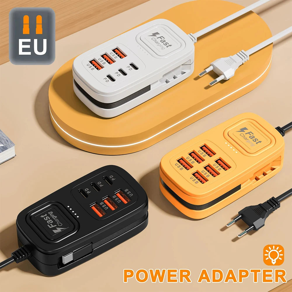 Carregador de 6 Portas com Cabos, Estação de Carregamento de Mesa, Carregamento Rápido, Plugue EU/UK/US, Adaptador HUB 6USB/3USB+3TypeC