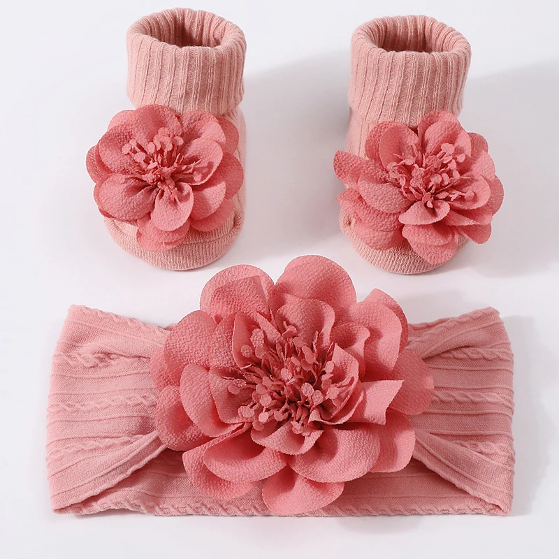 

2pcs Floral Baby Headband Socks Set Soft Nylon Hairband for Newborn Girl Elastic Turban Anti Slip Short Sock Baby Accessories