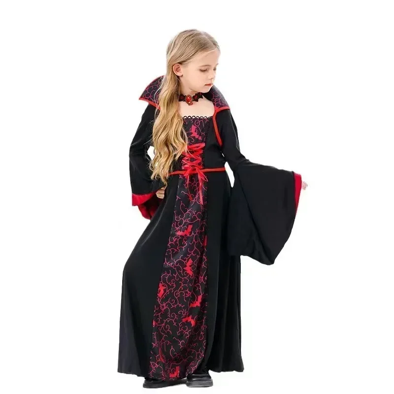 Halloween-Rollenspielkostüm für Mädchen, Kinder, Schwarzes Rotes Gothisches Langes Kleid mit Schleier und Handschuhen für Party, Karneval, Faschingskostüm – Detail 5