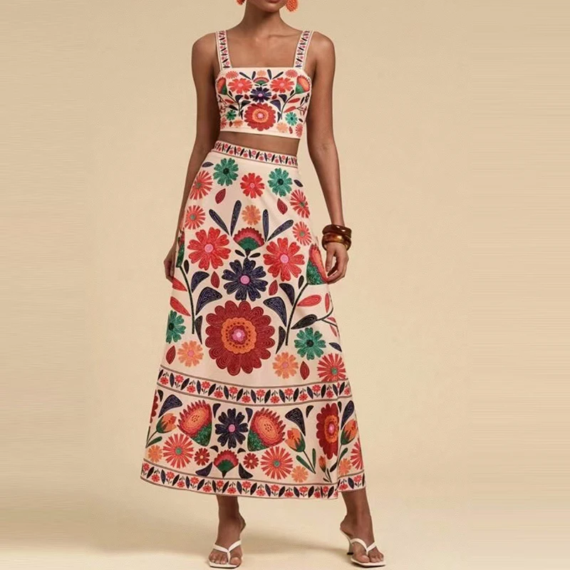 

Sexy Lady Square Neck Sling Top + Long Skirt Outfit Bohemian Sleeveless Hollow 2 Piece Set Elegant Floral Print Crop Beach Suit