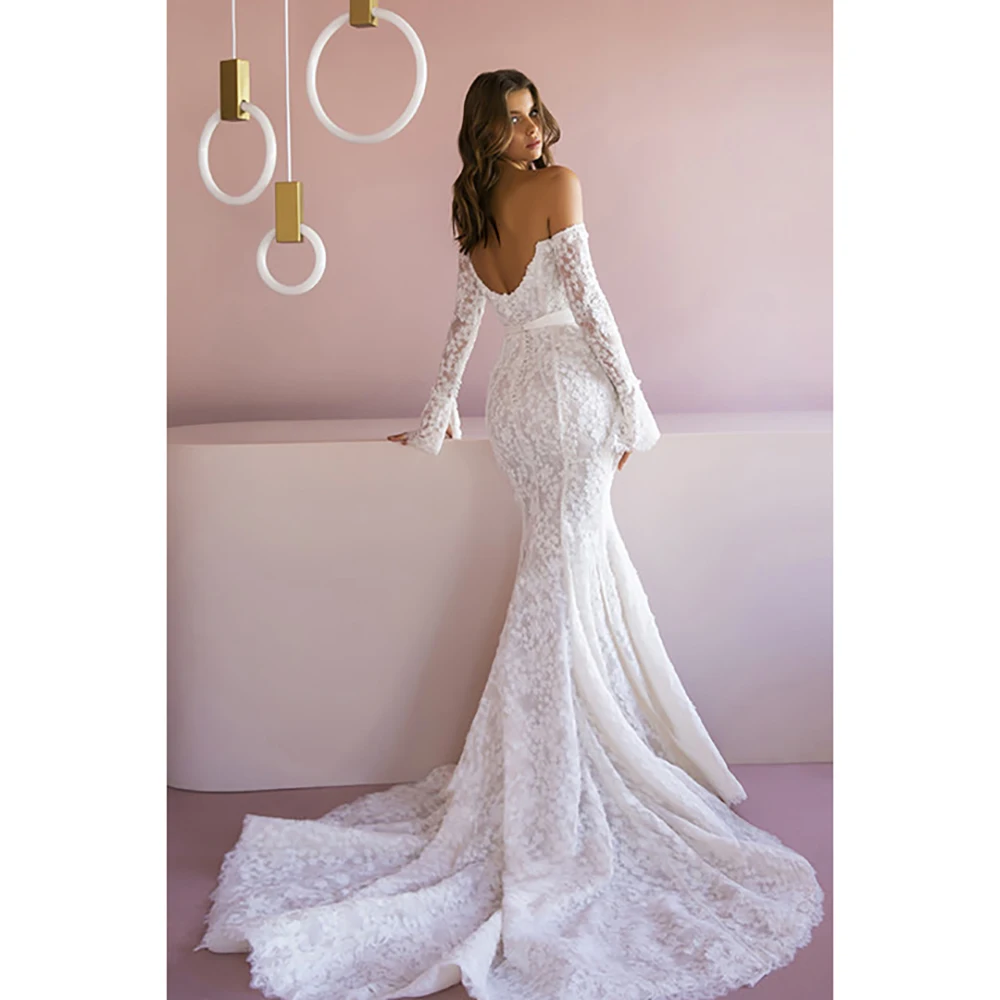 Vestido de fiesta blanco de lujo sin tirantes, traje de sirena con apliques de espalda abierta, encaje de tren de corte, hombros descubiertos, manga larga, ocasión Formal, 2024