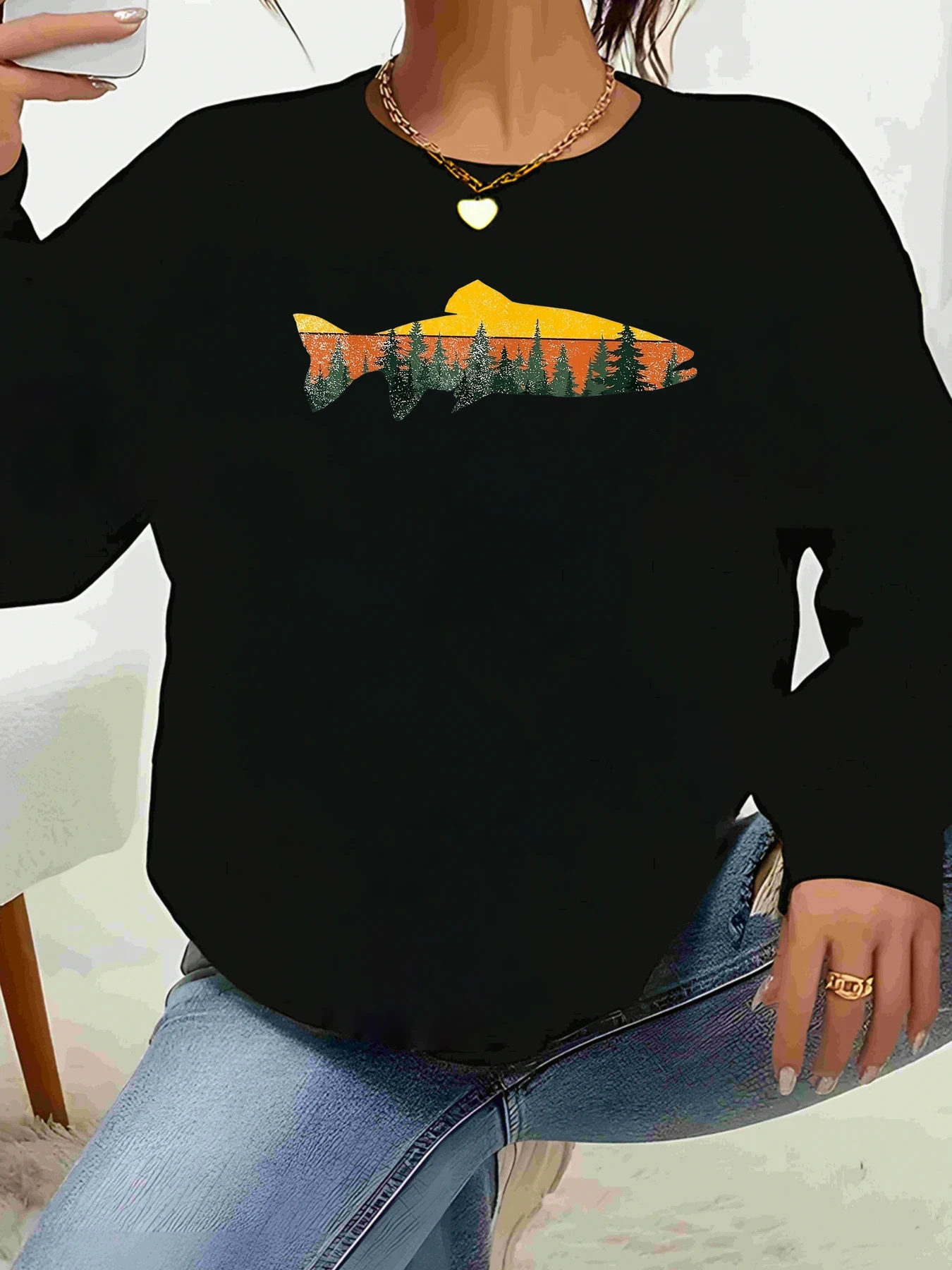 

Топ с длинными рукавами и принтом рыбного пейзажа, осенне-зимняя повседневная одежда для женщин