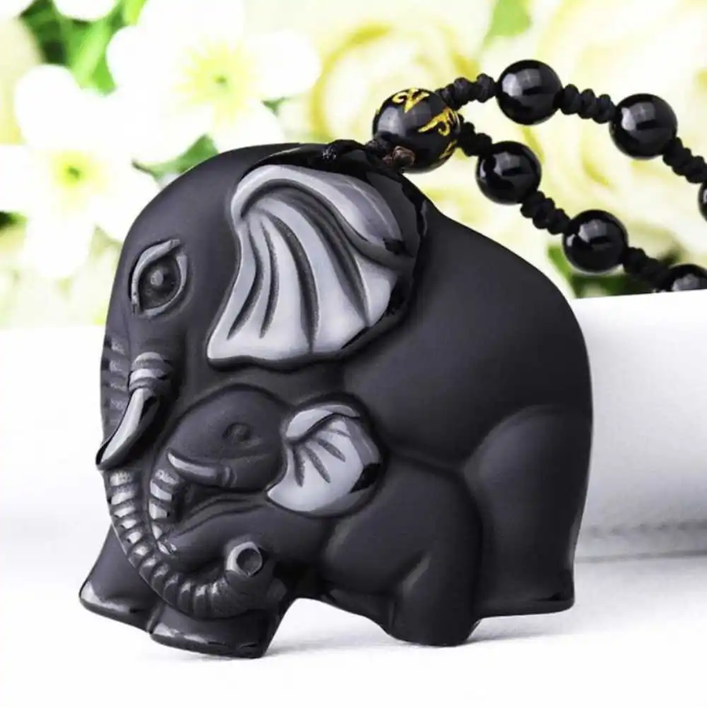 Natural Obsidian Carved Mother Elephant Lucky Amulet Pendant Jewellery Necklace Choker Zodiac Silver Men Quartz Energy Chain