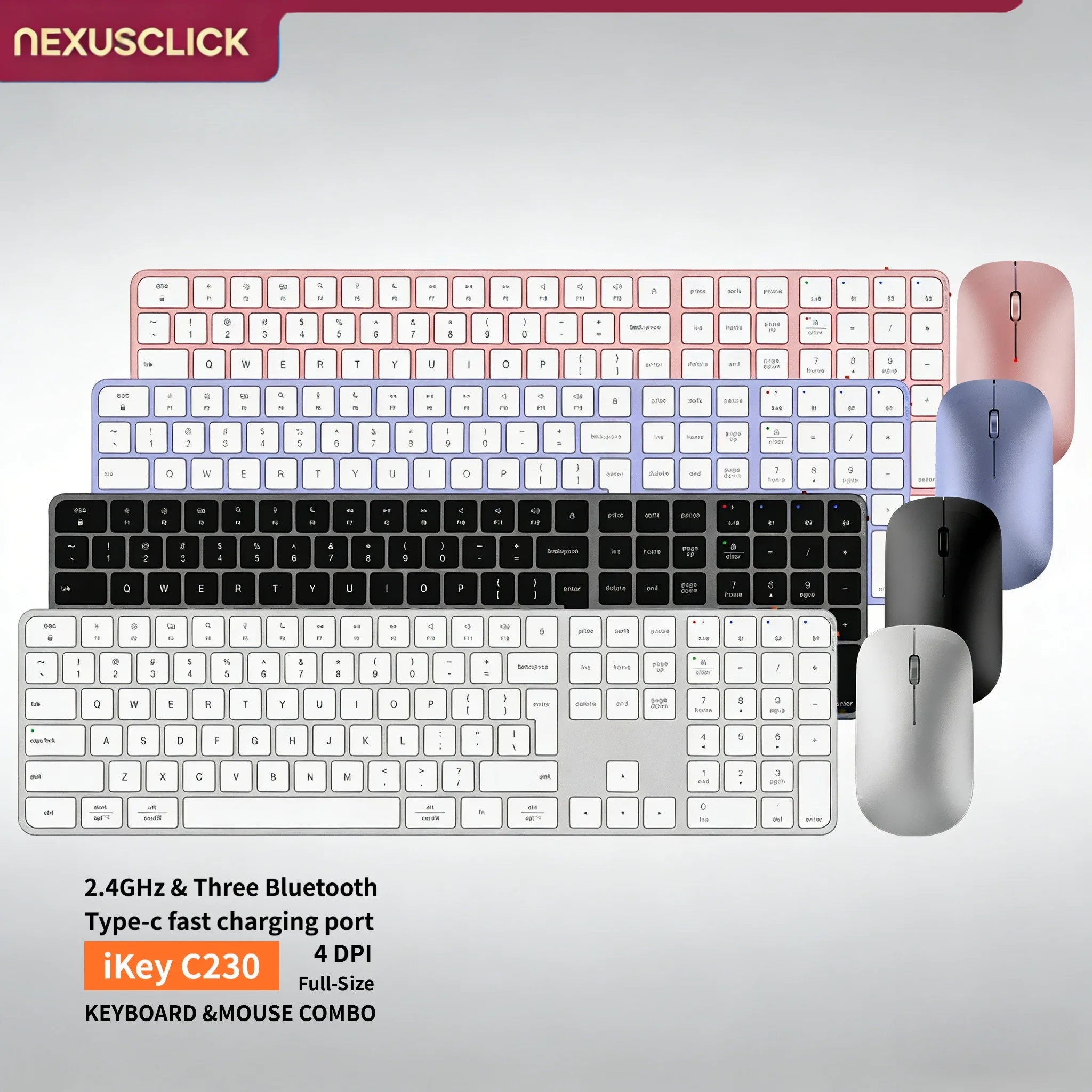 NexusClick Slim Silent Rechargeable Keyboard Mouse Combo, 2.4G+Bluetooth,Adjustable DPI Wireless Mouse for Laptop Mac Office Use
