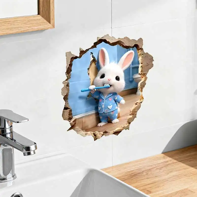 Self-Adhesive Cat Toothbrushing Animal Stickers for Children's Room Glass Door And Window Decorations AA448