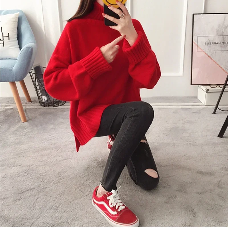 Autumn Women\'s High-Neck knitting Split Sweater Pullover Female Loose Version Thick Warm Sweater Long Sleeves Top Red Clothes