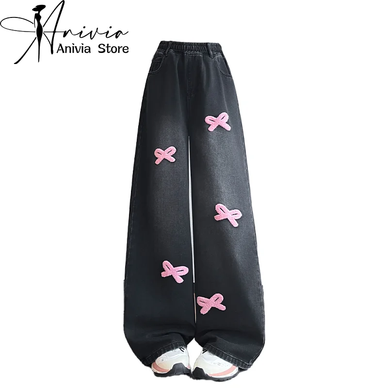 Women's Black Gothic Bowtie Jeans Cargo Baggy Y2K American Streetwear Harajuku Aesthetic Fashion Retro Denim Pants Long Clothes
