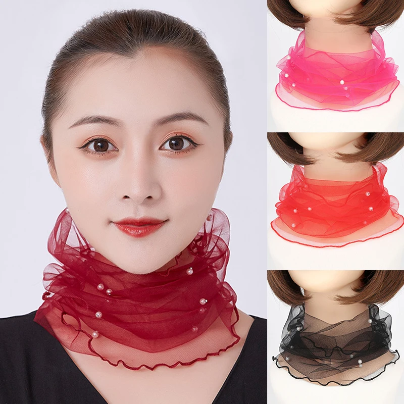 Lace Beaded Scarf Elegant Women Fashion Mesh Fake Pearl Collar Spring Summer Scarves Sun Protection Female Accessories