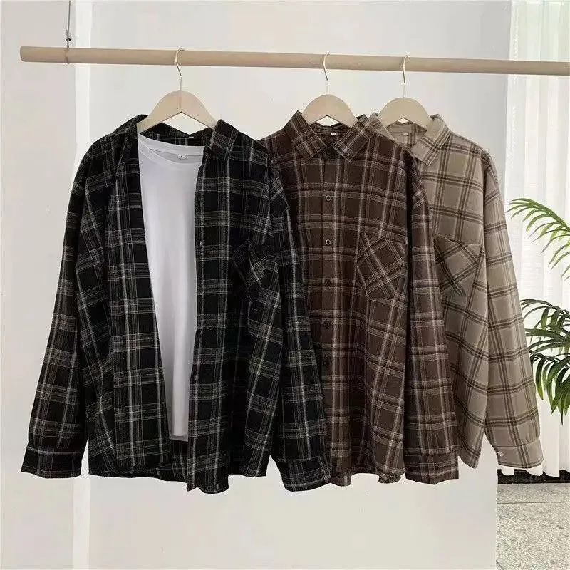 Camisa xadrez feminina de manga comprida, estilo retrô, tamanho solto, versão coreana, jaqueta de estudante para primavera.