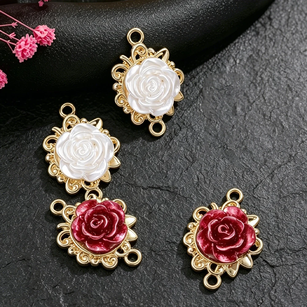 5/10 Stück goldfarbene rote Rosen-Blumen-Anhänger, Verbinder für Schmuckherstellung, Halskette, Armband, DIY-Zubehör, Bastelbedarf – Detail 4
