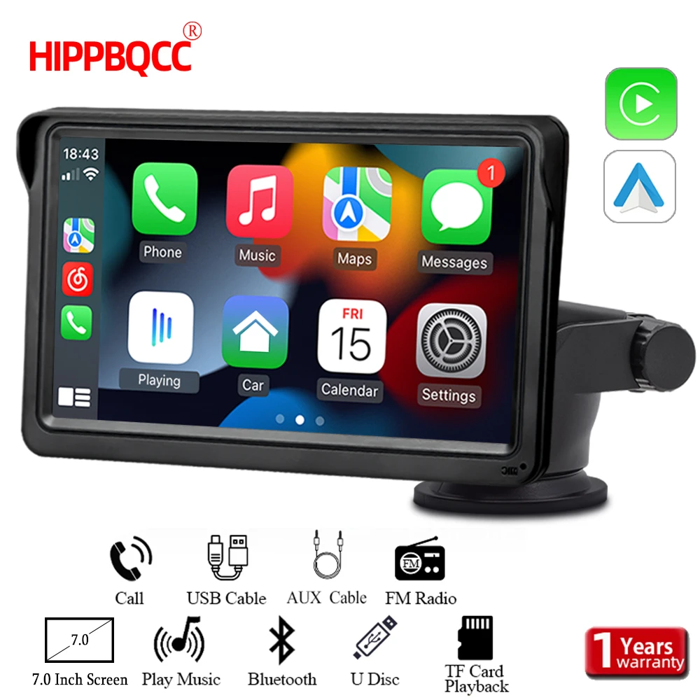 

HIPPBQCC CarPlay Android Auto Car Radio Multimedia Video Player 7inch Portable Touch Screen With AUX For Rear View Camera
