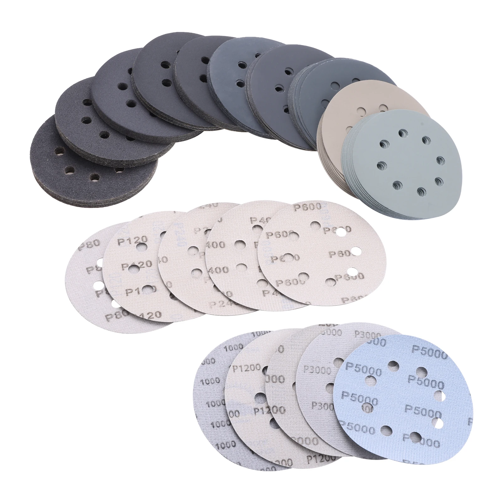 100Pcs 5Inch Hook Loop Sanding Discs 80-5000 Grit Carbide Sand Paper for Automotive Wood Metal 8 Hole Wet Dry Orbital Sander