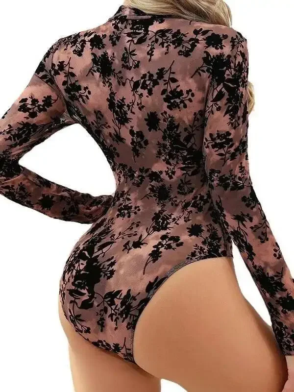 セクシーなフラワープリント透明レースボディスーツ背中の開いたディープ V サスペンダーノースリーブボディスーツ魅力的な純粋な欲望エレガント RB7O