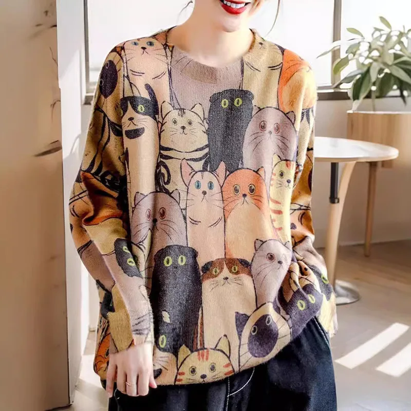 Maglione da donna autunno e inverno Plus Size modello di cartone animato copertura sciolto Top pigro nuovo stile gatto moda Top girocollo lavoro a