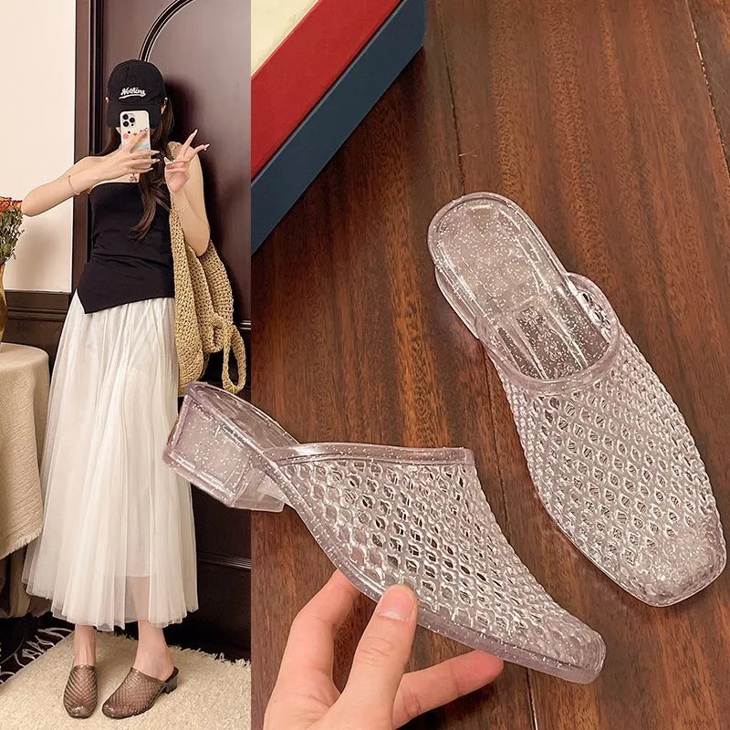 Summer Women Crystal Wedge Slip-On Sandals Adult Jelly Anti-Slip Outdoor Sandal Women Soft-Soled Beach Shoe Everyday Casual Shoe