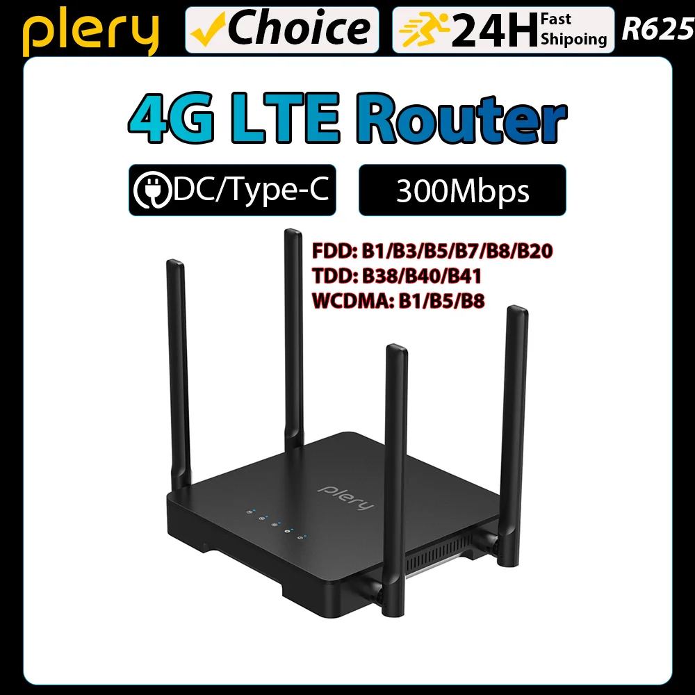 

Plery 300Mbps 4G Router CAT4 LTE Router Nano SIM Card 4G To Wired/WIFI WIFI4 Wireless Router 4*5dBi Antennas Type-C/DC Power