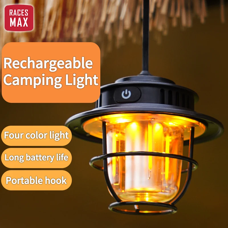 

LED Camping Lamp Hook Design Type C Charging BBQ Camping Light Lantern Dimming Retro Atmosphere Chandelier For Fishing Emergency