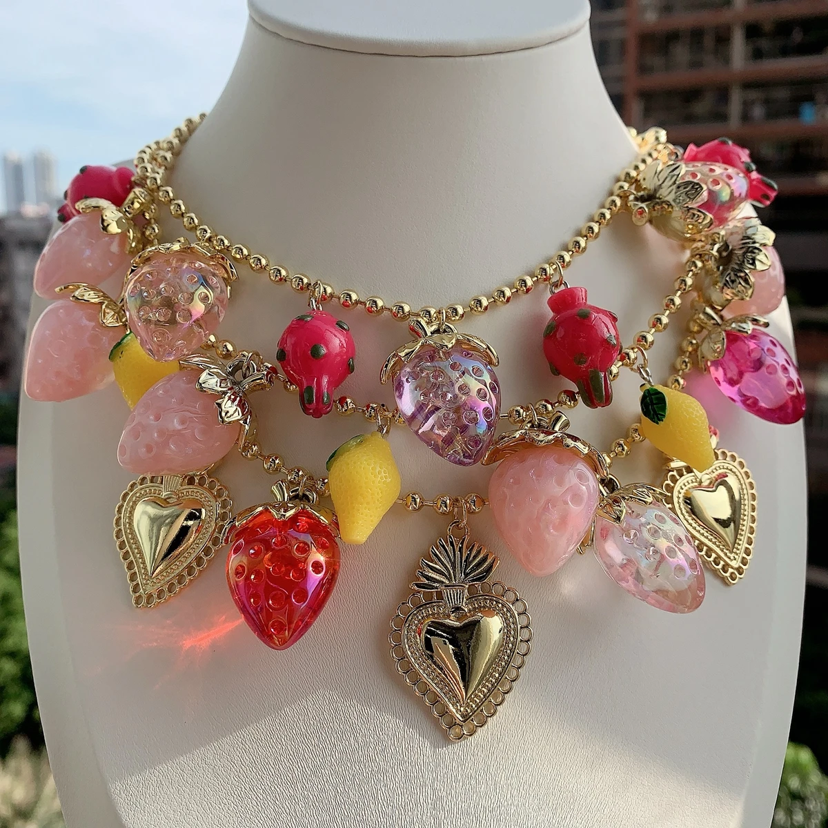 3pcs, Christian Catholic Sacred Heart Pendants Strawberry Fruit Charms Necklace Jewelry Silver Plated Tones women