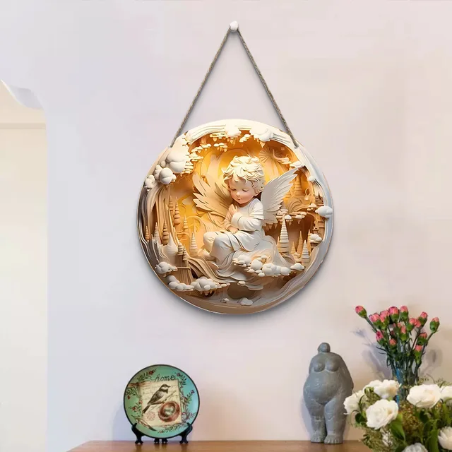 1 szt. 2D Świąteczne Anielskie Skrzydła Zamek Chrzest Nadzieja Akryl 20 cm / 7,87 cala Okrągła Dekoracja Ścienna lub Drzwi, Święto Dziękczynienia