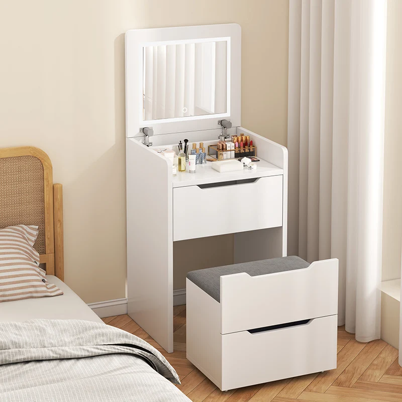 

Dresser, makeup table, small clamshell storage cabinet, bedroom, small apartment, stool integrated chest, mini bedside table