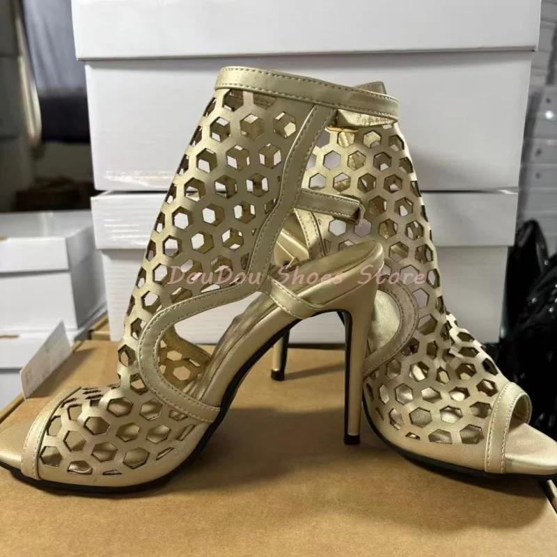 

Solid Mesh Ankle Wrap Slingback Thin High Heels Women Peep Toe Hollow Round Toe Sandals Elegant Fashion Party Club Lady Shoes