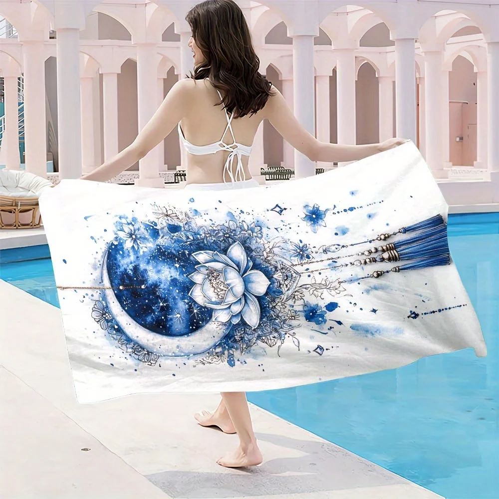 قطعة واحدة من من منشفة الشاطئ بنمط زهور اللوتس الساخنة، قماش بوليستر، قابلة للغسل في الغسالة، مناسبة لحمام السباحة والشاطئ والحمام