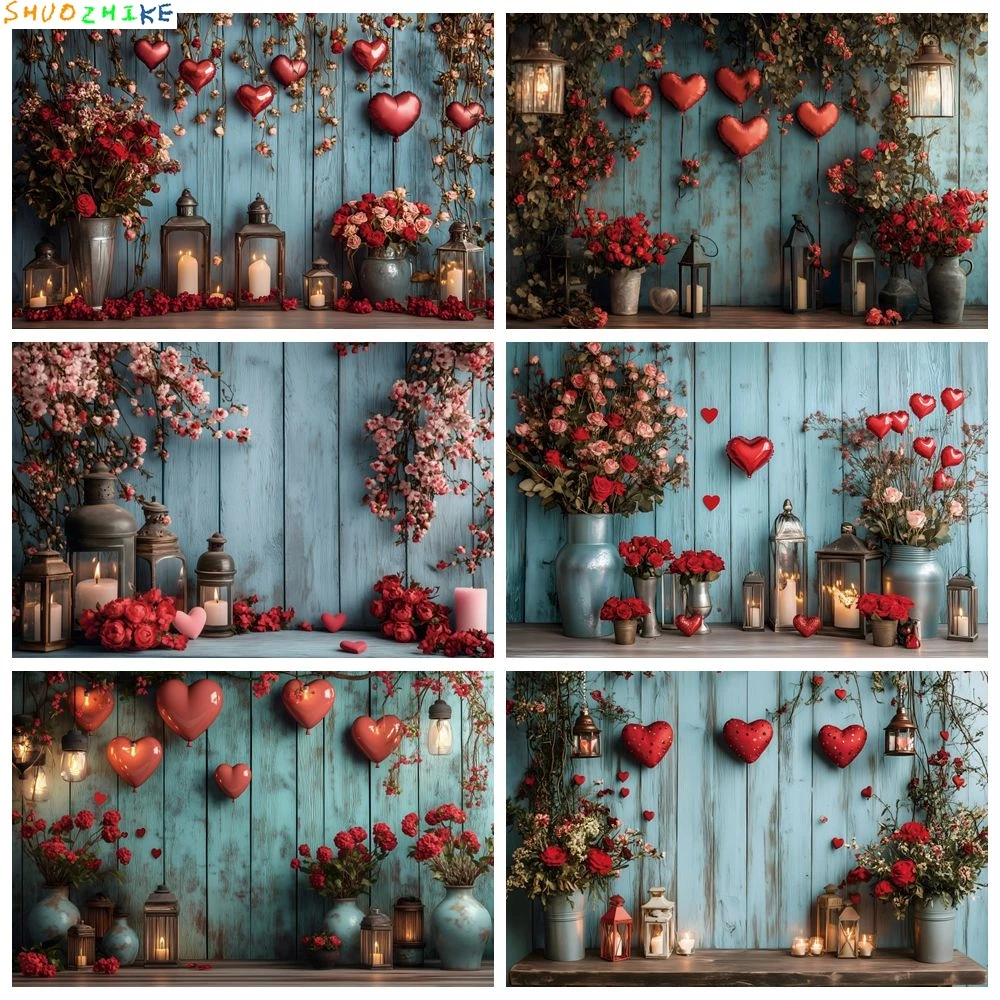 14 فبراير عيد الحب خلفية مشاهد رومانسية الأحمر الحب القلب الأزرق الخشب جدار الأزهار الزفاف التصوير خلفية الدعامة #1