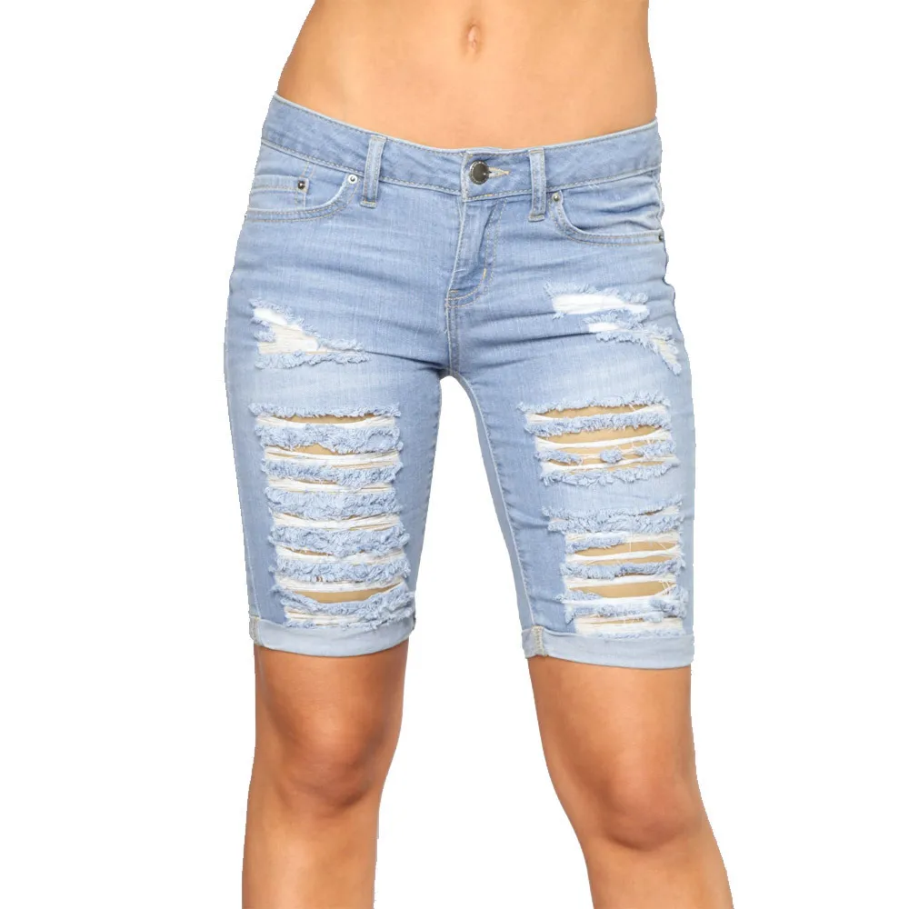 2022 Été Nouveau Taille Basse Déchiré Denim Shorts Pour Femmes Mode Skinny Slim Bouclé Longueur Au Genou Jeans Shorts S-2XL DstressShipping