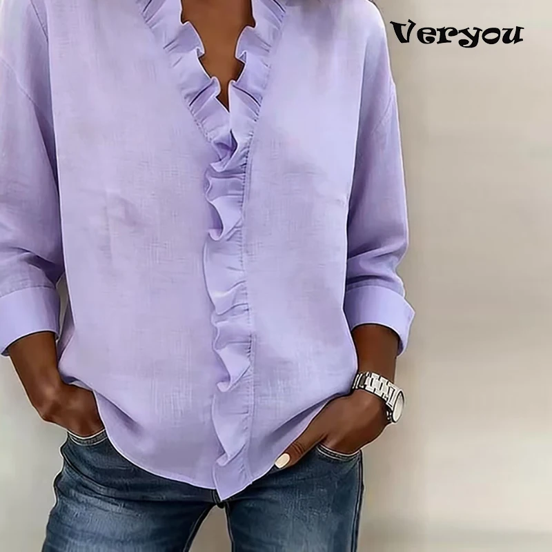 

Модная женская рубашка: элегантная офисная блузка с длинным рукавом, однотонная, с V-образным вырезом, свободного кроя, для весны и лета, белая