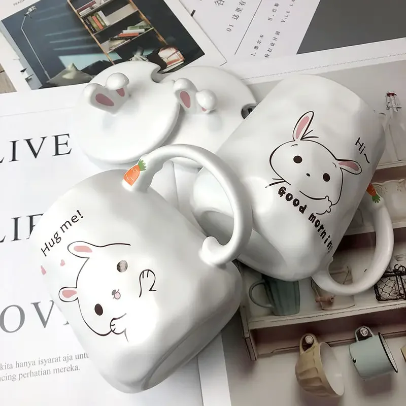 420ml Cartoon Rabbit Coffee Mug Creative Cute Couple Cup Milk Cup Ceramic Cup Office Cup with Lid Spoon Girl Gift Frida Kahlo