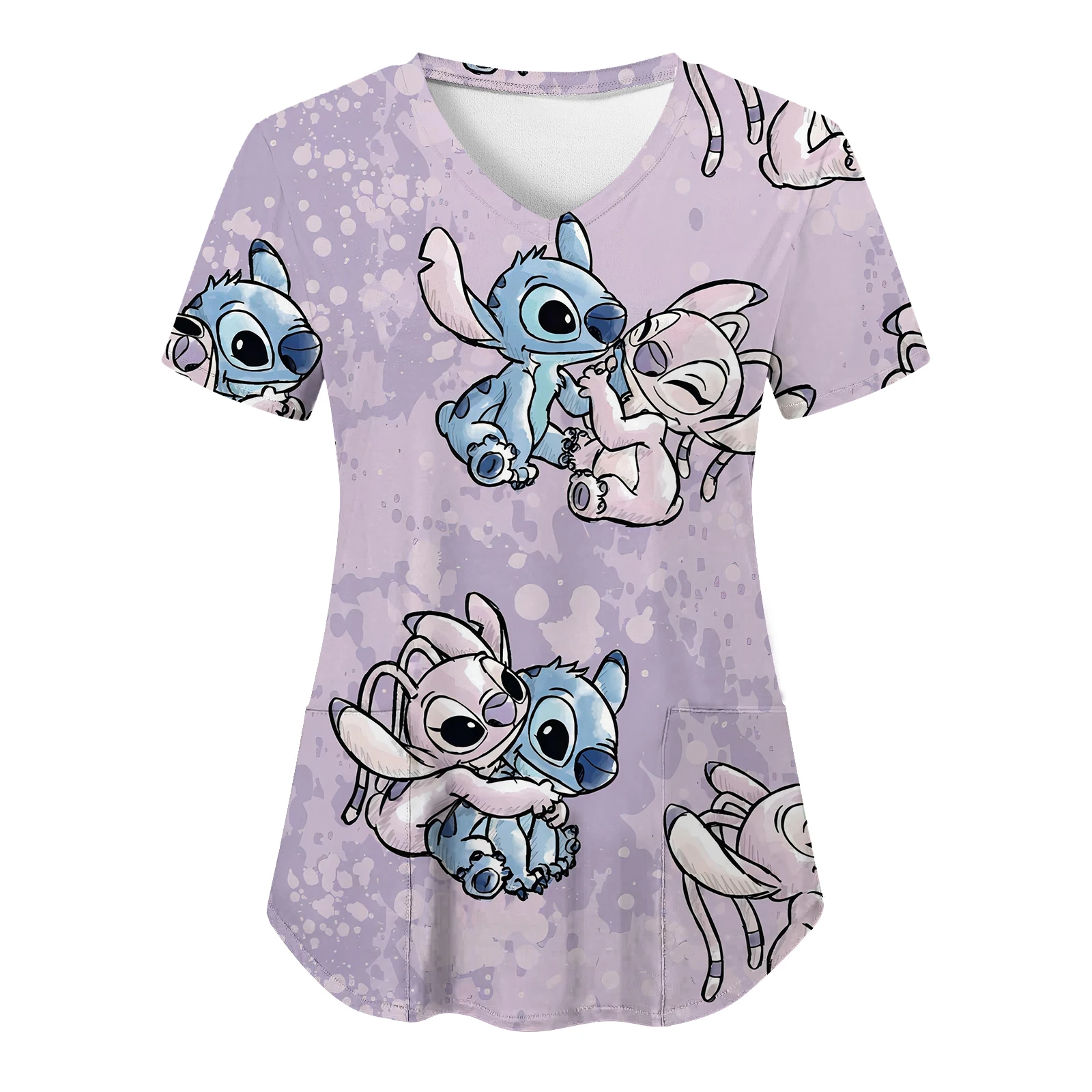 T-shirt d'uniforme d'infirmière de l'hôpital Disney Stitch pour femmes, haut à col en V Y, vêtements d'été pour femmes, t-shirts