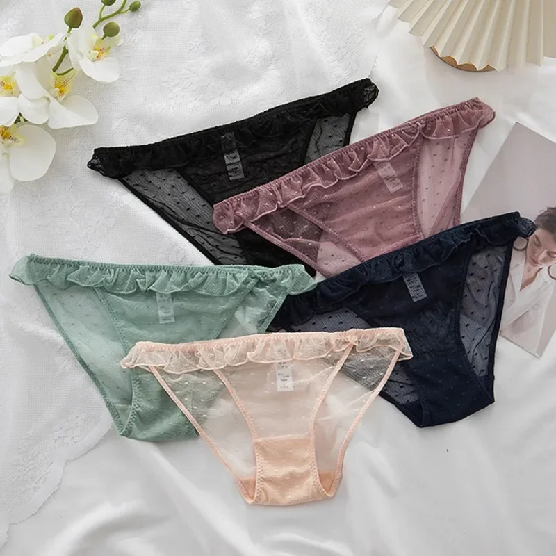 Cute Lace Women\'s Underpants Sexy Ruffle Mesh Transparent G-String Panties Low-Rise Underwear Female Thongs Intimate Lingerie