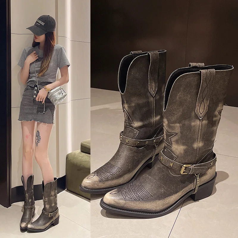 Europe and the United States fashion boots PU brown side zipper metal buckle with high-heeled low boots