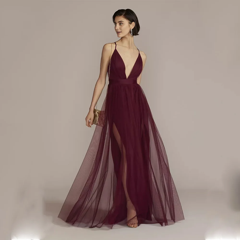 High Quality Sexy Evening Dresses Tulle for Floor-Length V-Neck Sleeveless Backless Prom Dress Slit Robes De Soirée Customized