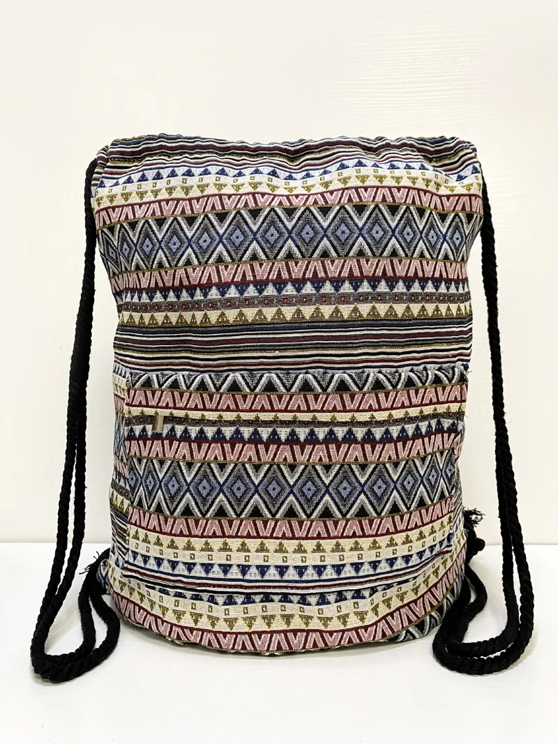 Cotton Fabric Backpack Female Gypsy Bohemian National Vance inside Cotton Jacquard Soft Brown Drawstring Rucksack Bags