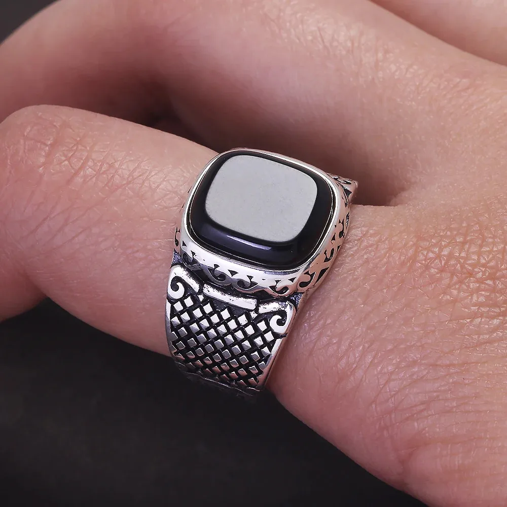 Real Pure Silver s925 Mens Rings Minimalist Turkish Rings Man Simple Finger Rings With Natural Onyx Stones Turkish Jewellery