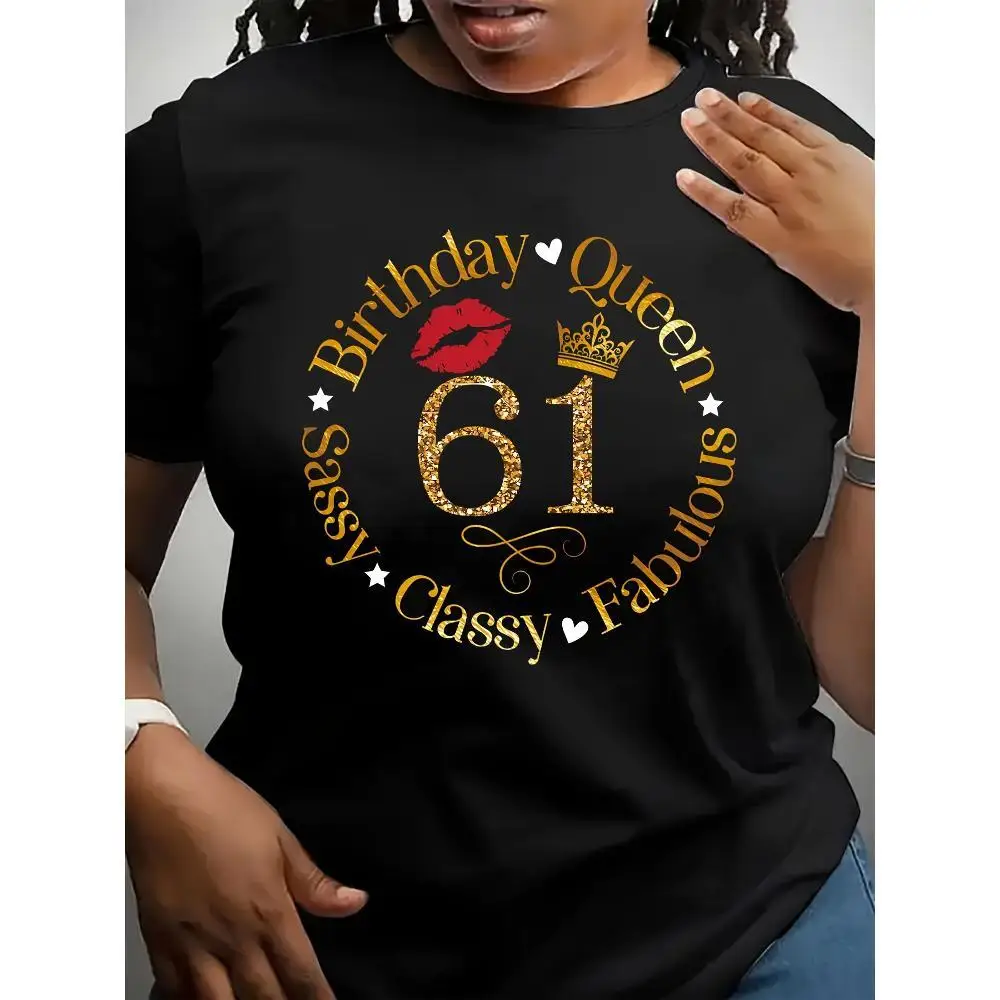 1 peça aniversário rainha 61 camiseta casual feminina estampada, top de manga curta com gola redonda de poliéster