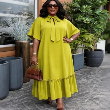 African Dresses for Woman Bow Collar Short Sleeves Loose Long Ruffles Hem Africa Simple Solid Church Causal Daily Wear New