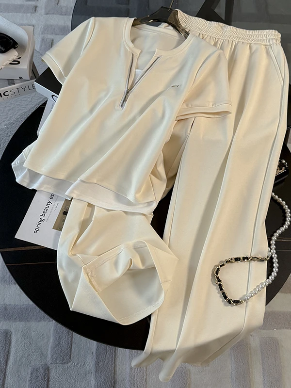 

Модный омолаживающий повседневный спортивный комплект для женщин: летний трендовый комплект из двух предметов – топ с коротким рукавом и брюки с широкими штанинами