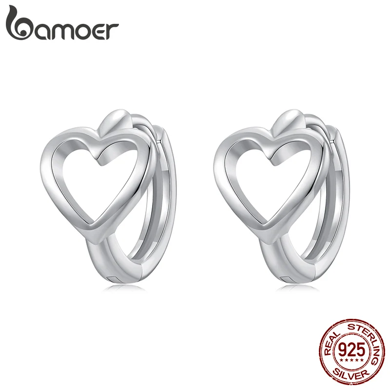 

BAMOER 925 Sterling Silver Heart Hoop Earrings, White Gold Plated Minimalist Hoop Earrings Sweet Love Heart Jewelry for Women