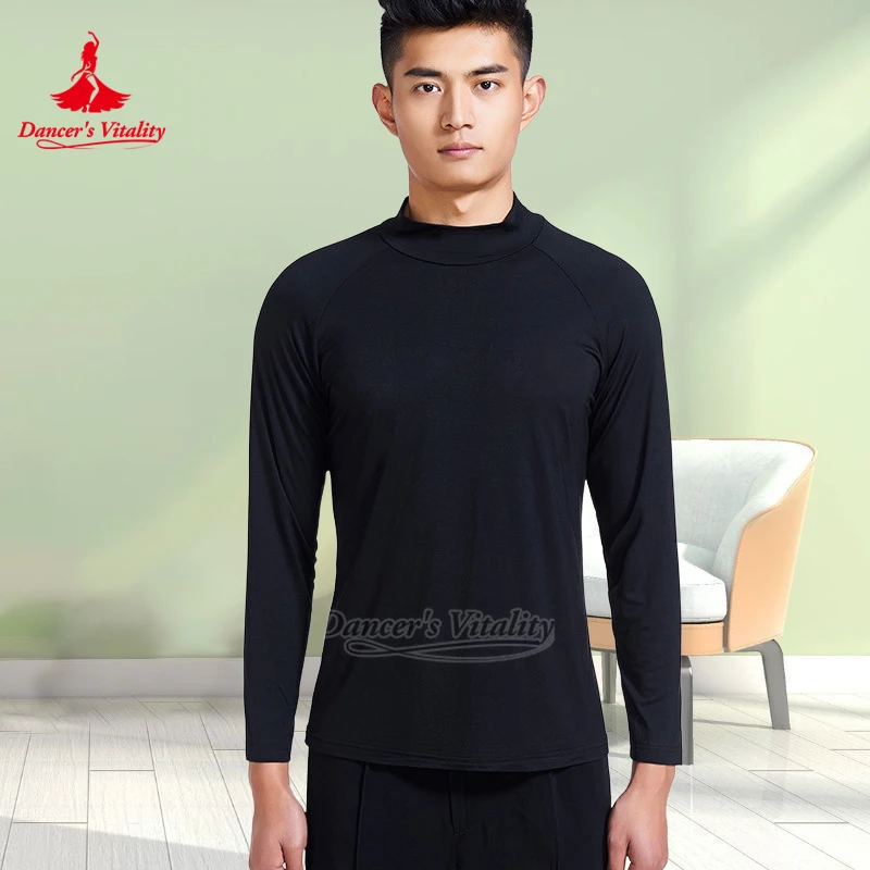 Latin Dance High-neck Practise&Perform Long Sleeves Modal T-shirt for Men Dancer's Vitality Adult Social Dance Matching Clothing