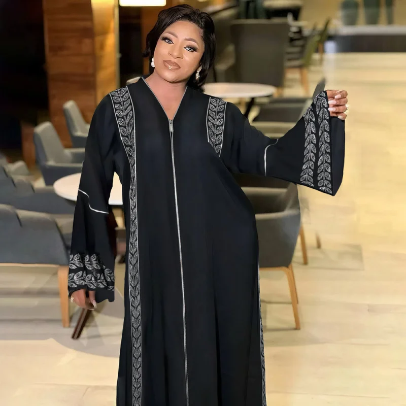 

African Women's Plus Size Rhinestone Dress Dubai Robe European and American Zipper Coat Robe